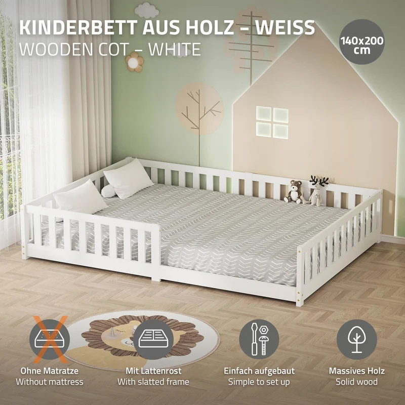 Kinderbett 140x200 cm mit Lattenrost und Rausfallschutz Weiß Kiefernholz ML-Design