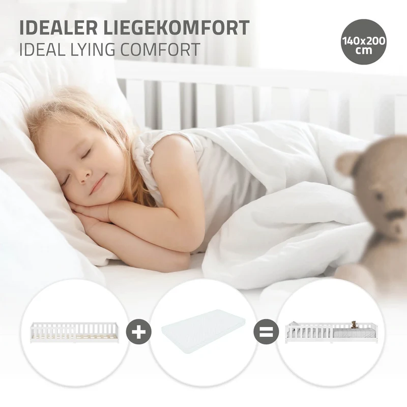 Kinderbett 140x200 cm mit Lattenrost und Rausfallschutz Weiß Kiefernholz ML-Design