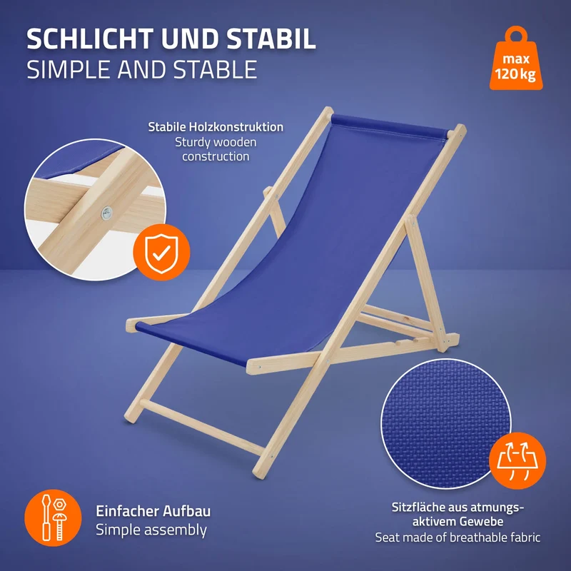 2er Set Liegestuhl klappbar Dunkelblau Holz verstellbare Rückenlehne bis 120 kg Sonnenliege Gartenliege Strandliege