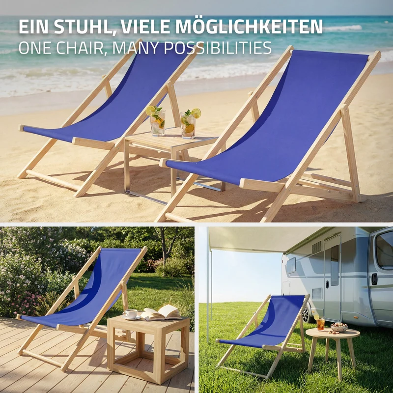 2er Set Liegestuhl klappbar Dunkelblau Holz verstellbare Rückenlehne bis 120 kg Sonnenliege Gartenliege Strandliege