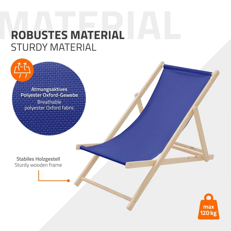 3er Set Liegestuhl klappbar Dunkelblau Holz verstellbare Rückenlehne bis 120 kg Sonnenliege Gartenliege Strandliege