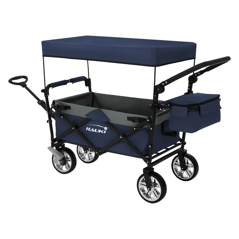 B-Ware Bollerwagen faltbar mit Dach und Tasche Blau/Grau belastbar bis 120 kg Hauki