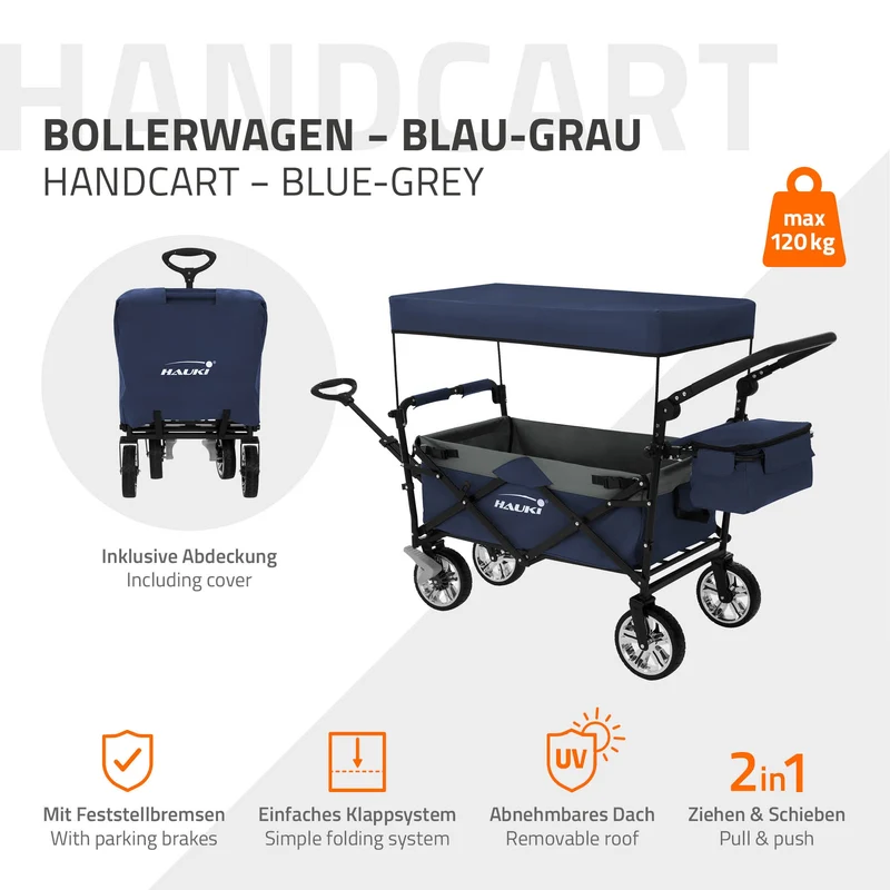 B-Ware Bollerwagen faltbar mit Dach und Tasche Blau/Grau belastbar bis 120 kg Hauki