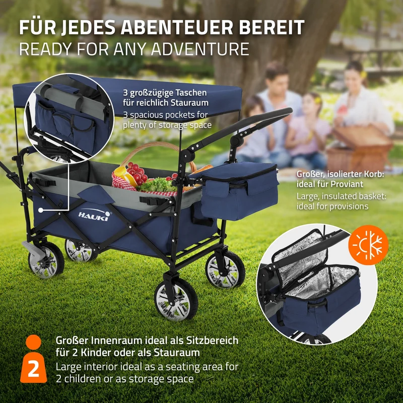 B-Ware Bollerwagen faltbar mit Dach und Tasche Blau/Grau belastbar bis 120 kg Hauki