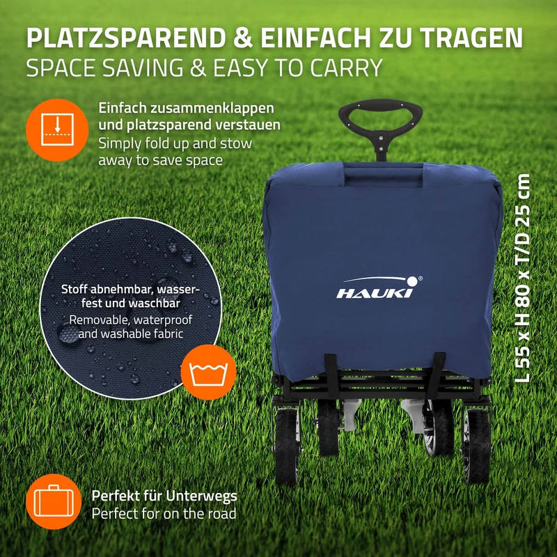 B-Ware Bollerwagen faltbar mit Dach und Tasche Blau/Grau belastbar bis 120 kg Hauki