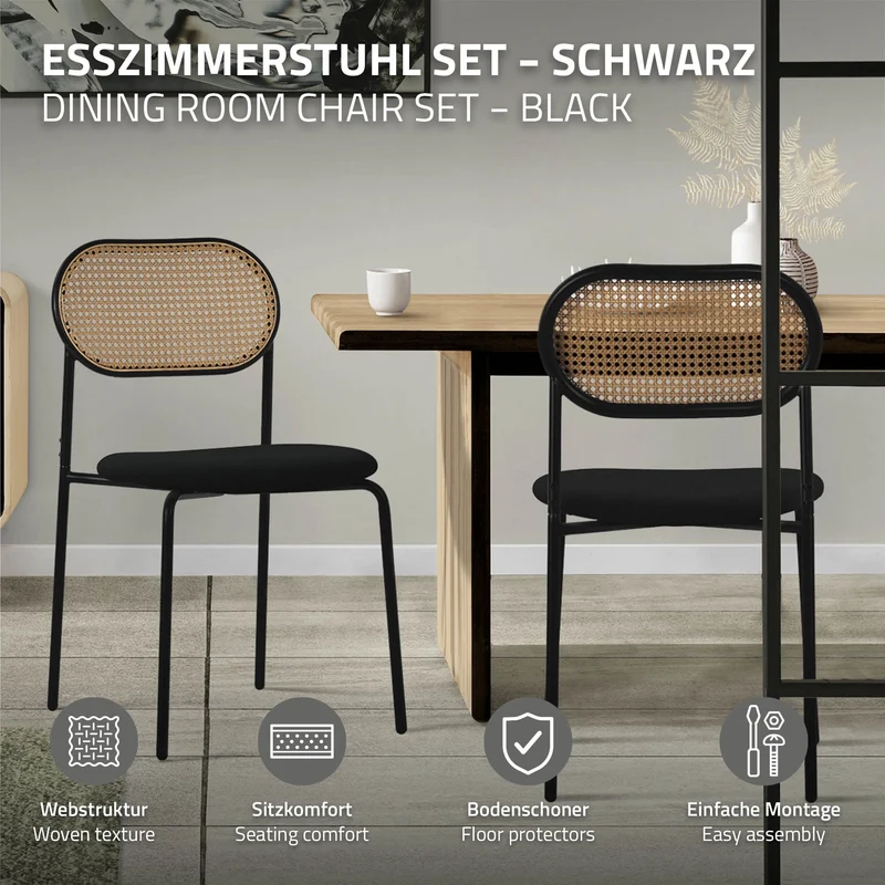 Esszimmerstuhl 6er Set Schwarz bis 120 kg Rattan Rückenlehne ML-Design