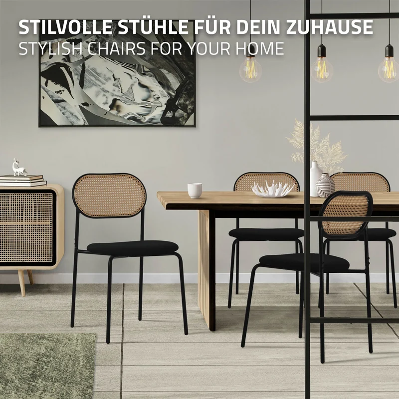 Esszimmerstuhl 6er Set Schwarz bis 120 kg Rattan Rückenlehne ML-Design