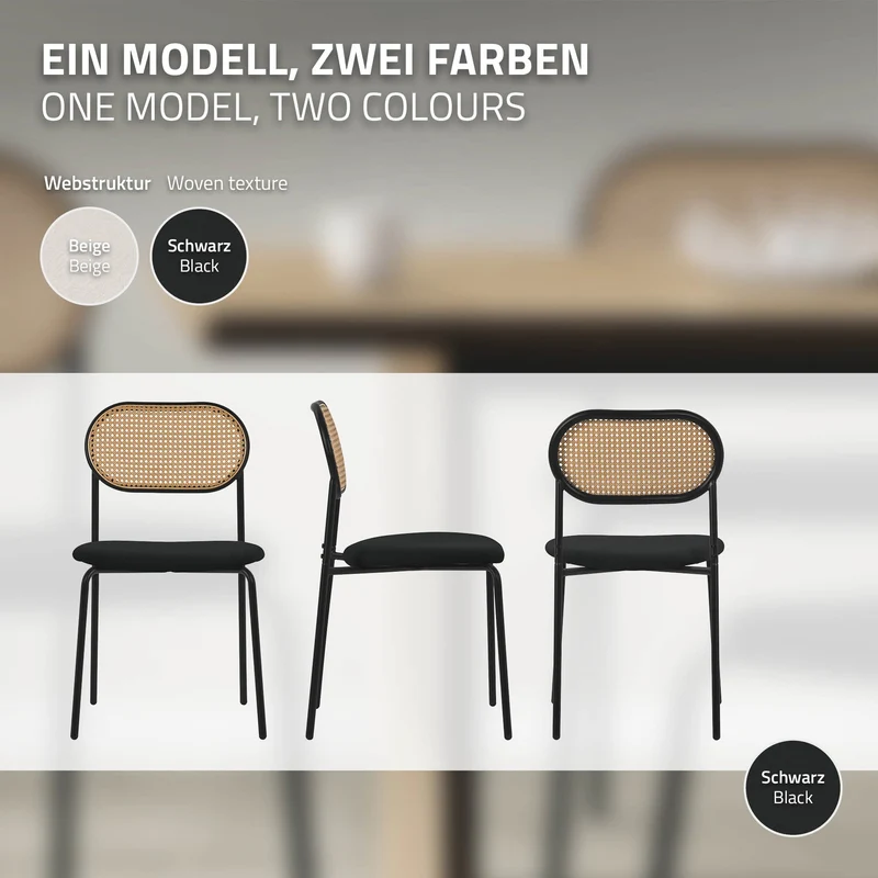 Esszimmerstuhl 6er Set Schwarz bis 120 kg Rattan Rückenlehne ML-Design