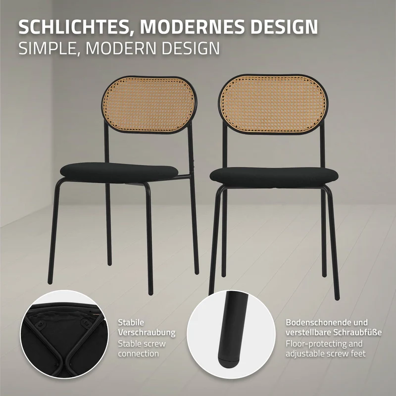 Esszimmerstuhl 2er Set Schwarz bis 120 kg Rattan Rückenlehne ML-Design