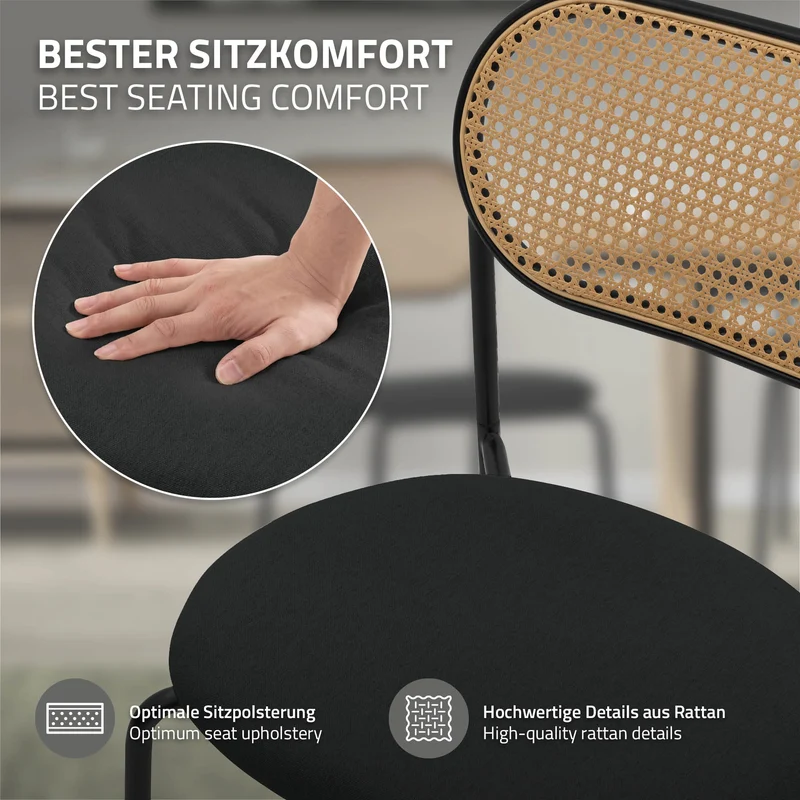 Esszimmerstuhl 2er Set Schwarz bis 120 kg Rattan Rückenlehne ML-Design