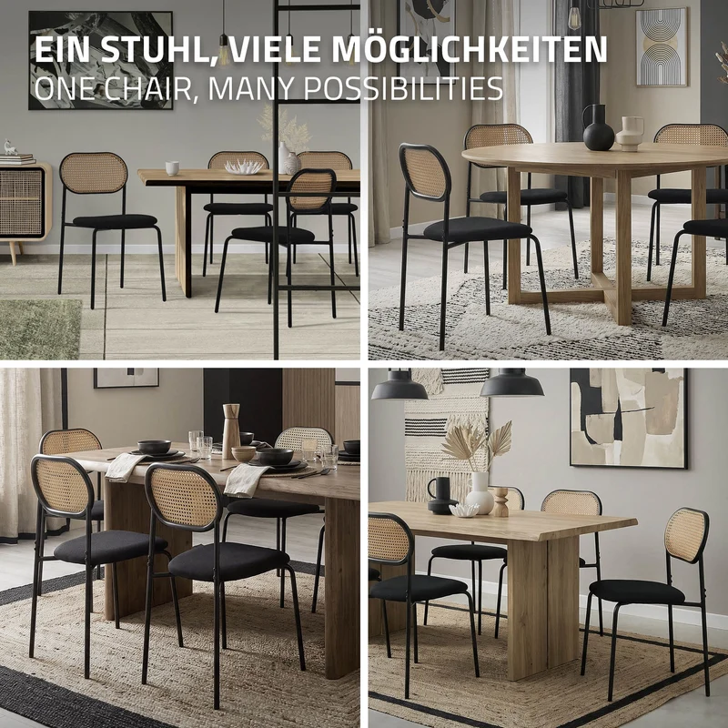 Esszimmerstuhl 2er Set Schwarz bis 120 kg Rattan Rückenlehne ML-Design