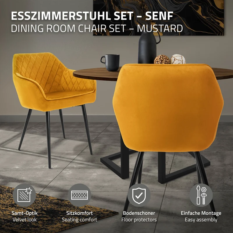 4er Set Esszimmerstühle mit Rücken- & Armlehne Senfgelb Samtbezug mit Metallbeinen ML-Design