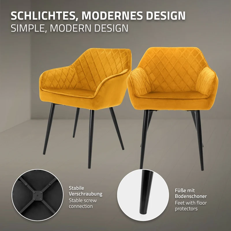 4er Set Esszimmerstühle mit Rücken- & Armlehne Senfgelb Samtbezug mit Metallbeinen ML-Design