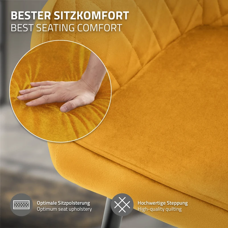 4er Set Esszimmerstühle mit Rücken- & Armlehne Senfgelb Samtbezug mit Metallbeinen ML-Design