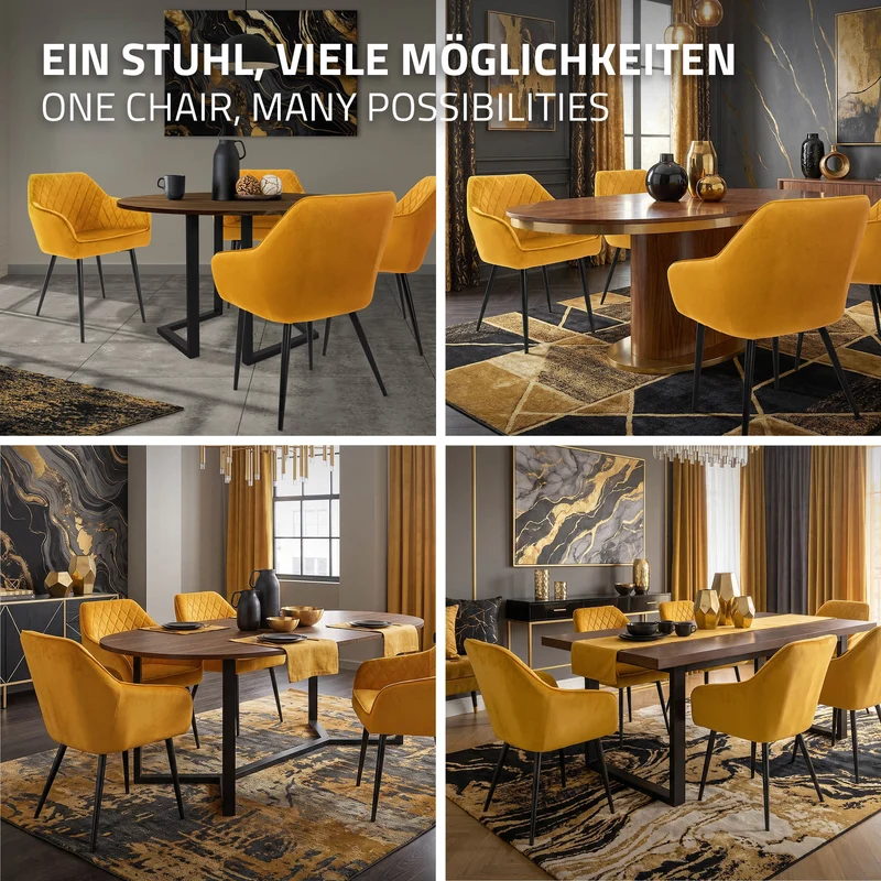 4er Set Esszimmerstühle mit Rücken- & Armlehne Senfgelb Samtbezug mit Metallbeinen ML-Design