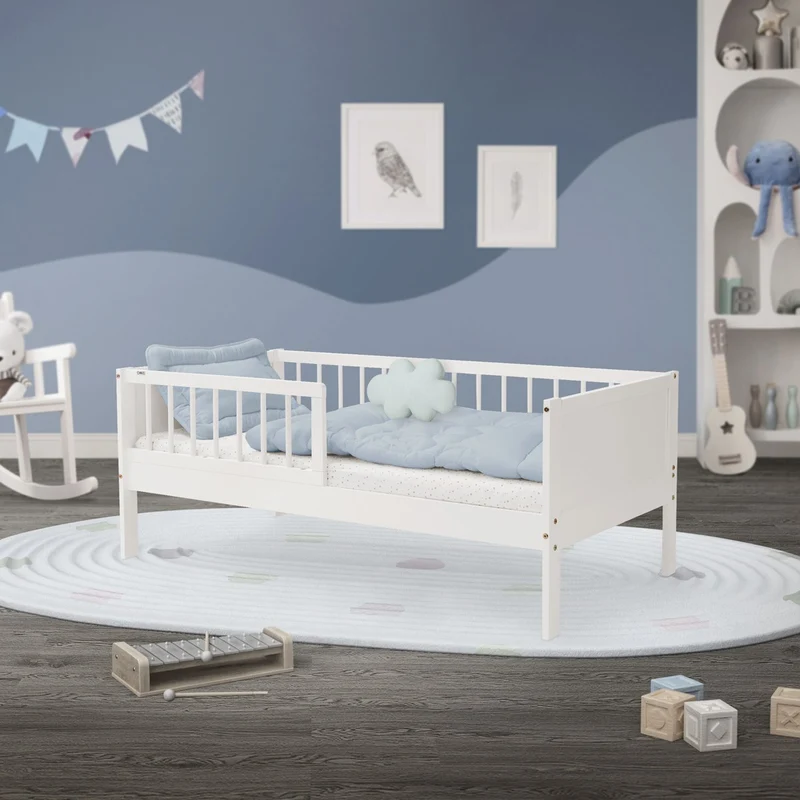 Kinderbett 70x140 cm mit Lattenrost und Rausfallschutz Weiß Kiefernholz ML-Design