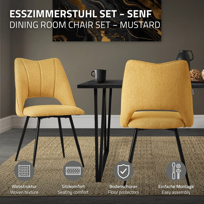 Esszimmerstuhl 4er Set Senfgelb gepolstert inkl. Montagematerial Polsterstuhl Küchenstuhl ML-Design