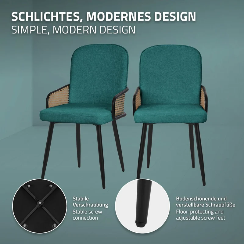 Esszimmerstühle 6er Set Petrol mit Arm- & Rückenlehne, Polsterstühle für Esszimmer & Küche ML-Design