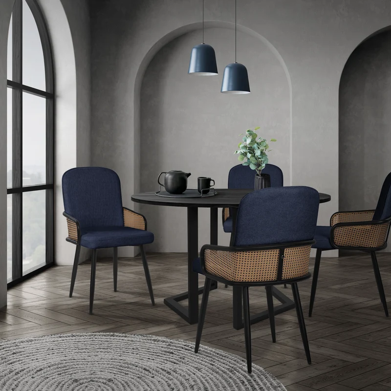 Esszimmerstühle 6er Set Dunkelblau mit Arm- & Rückenlehne, Polsterstühle für Esszimmer & Küche ML-Design