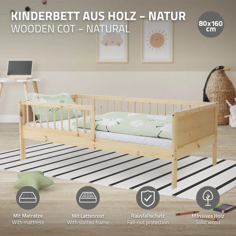 Kinderbett 80x160 cm mit Matratze, Lattenrost und Rausfallschutz in Natur ML-Design