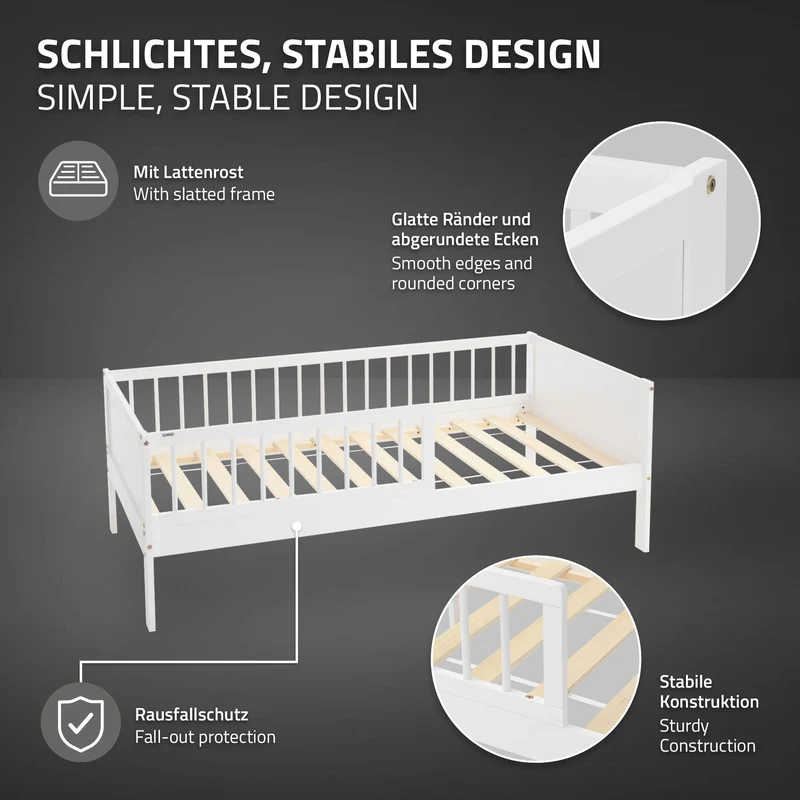 Kinderbett 80x160 cm mit Lattenrost und Rausfallschutz Weiß Kiefernholz ML-Design