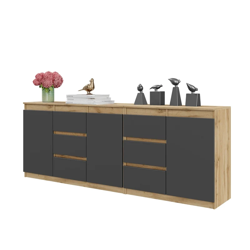 MIKEL - Kommode mit 6 Schubladen und 3 Türen - Schlafzimmer Kommode Aufbewahrung Schrank Sideboard - Wotan Eiche / Anthrazit H75cm B200cm T35cm