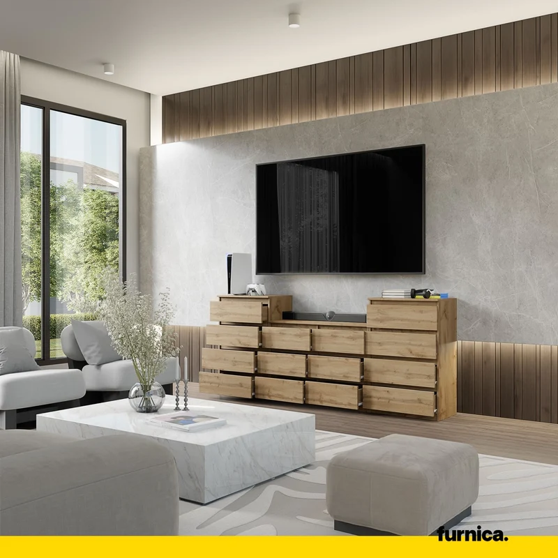GABRIEL - Kommode / Sideboard mit 14 Schubladen (4+6+4) - Wotan Eiche H92/70cm B220cm T33cm