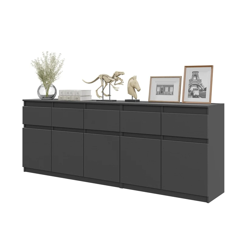 NOAH - Kommode mit 5 Schubladen und 5 Türen - Schlafzimmer Kommode Aufbewahrungsschrank Sideboard - Anthrazit H75cm B200cm T35cm