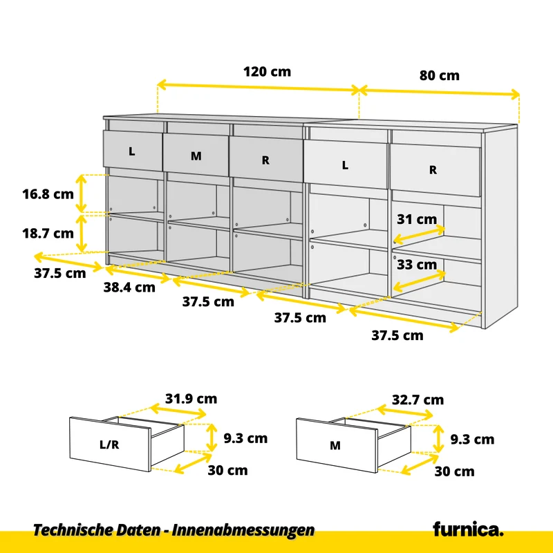 NOAH - Kommode mit 5 Schubladen und 5 Türen - Schlafzimmer Kommode Aufbewahrungsschrank Sideboard - Anthrazit H75cm B200cm T35cm