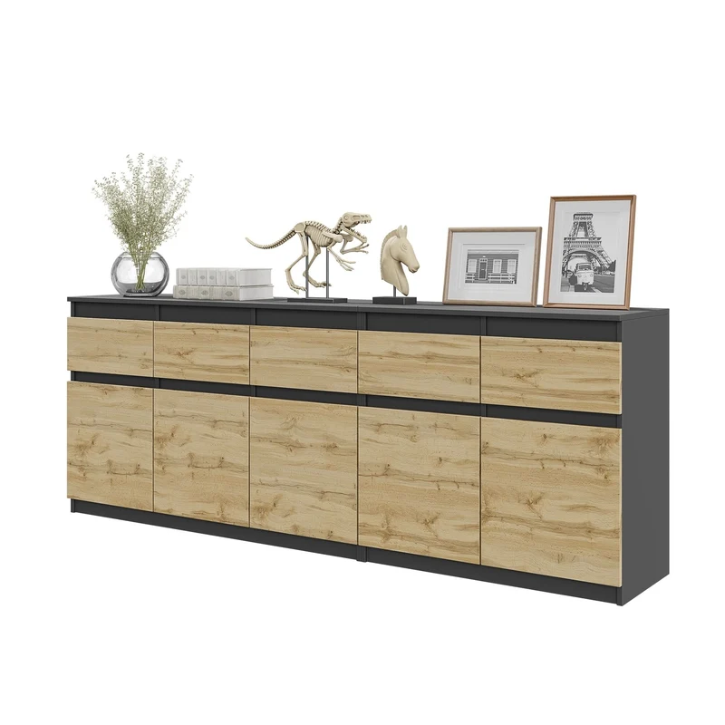 NOAH - Kommode mit 5 Schubladen und 5 Türen - Schlafzimmer Kommode Aufbewahrungsschrank Sideboard - Anthrazit / Wotan Eiche H75cm B200cm T35cm