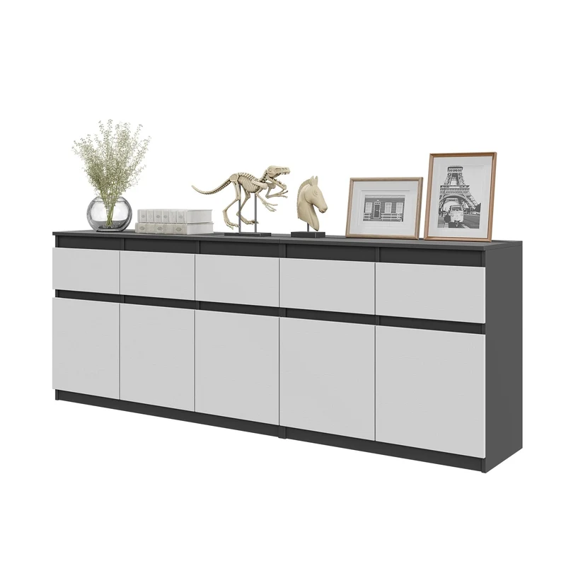 NOAH - Kommode mit 5 Schubladen und 5 Türen - Schlafzimmer Kommode Aufbewahrungsschrank Sideboard - Anthrazit / Weiß Matt H75cm B200cm T35cm