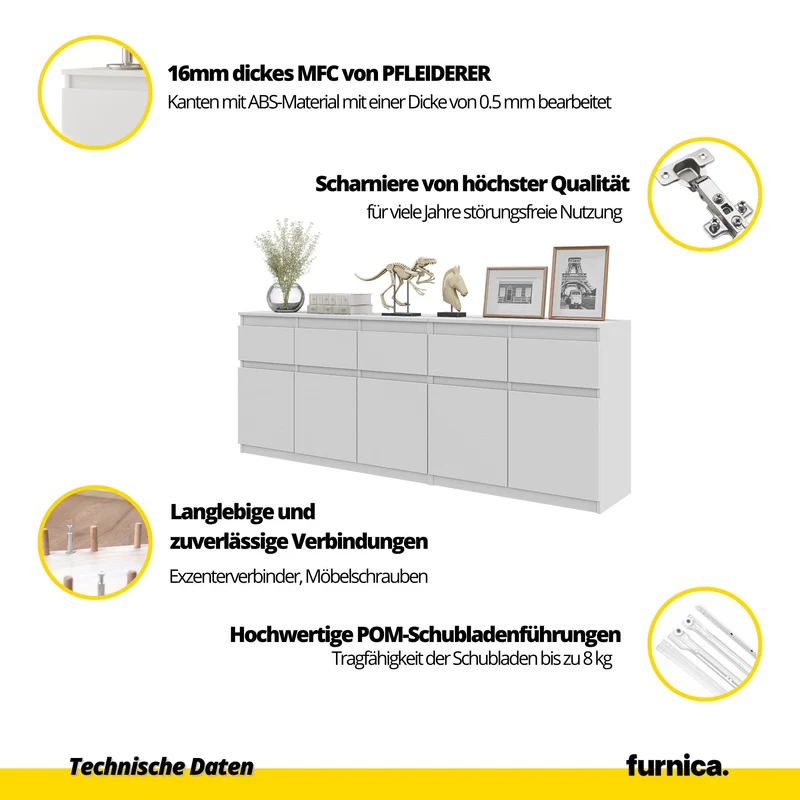 NOAH - Kommode mit 5 Schubladen und 5 Türen - Schlafzimmer Kommode Aufbewahrungsschrank Sideboard - Anthrazit / Schwarz Glanz H75cm B200cm T35cm