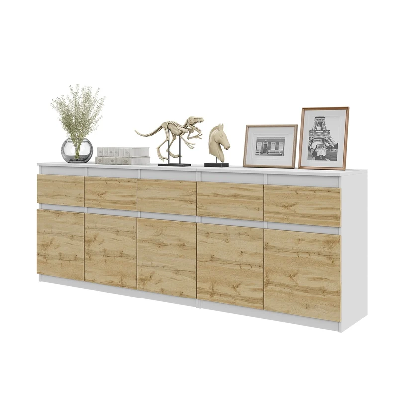 NOAH - Kommode mit 5 Schubladen und 5 Türen - Schlafzimmer Kommode Aufbewahrung Schrank Sideboard - Weiß Matt / Wotan Eiche H75cm B200cm T35cm