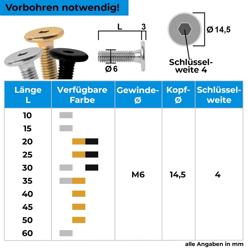 10x Flachkopfschrauben M6 Schwarz verzinkt
