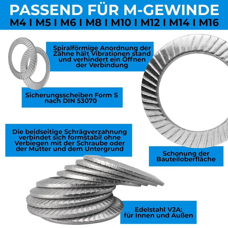 10x Sicherungsscheiben Form S aus Edelstahl A2 V2A