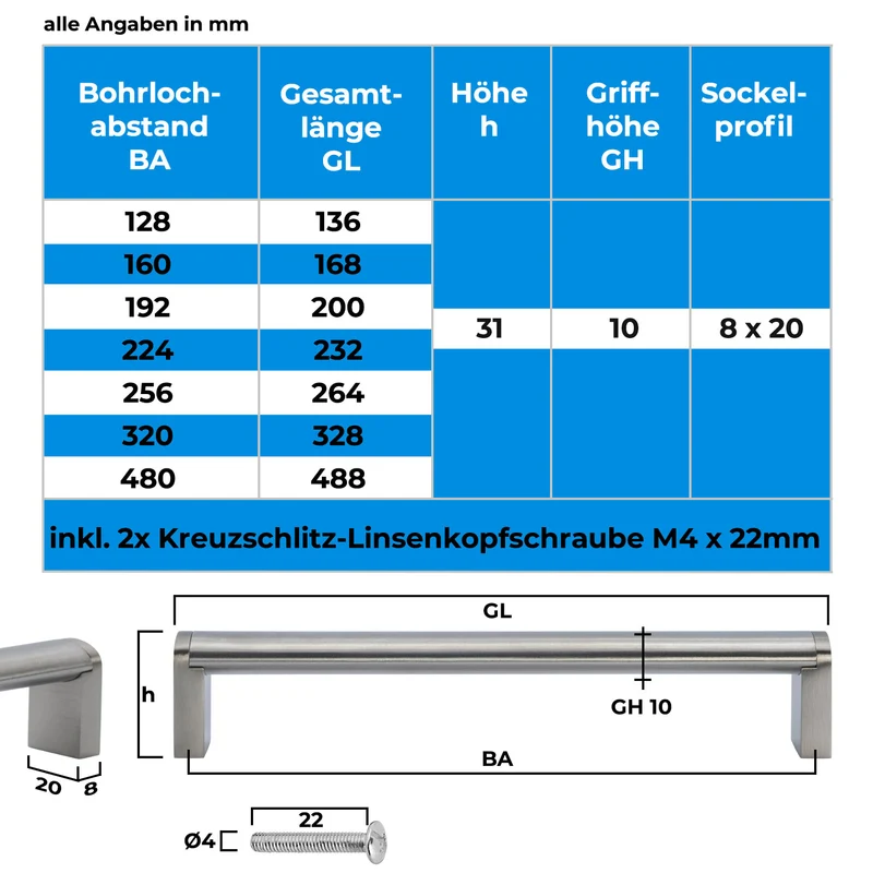 Möbelgriff Edelstahl gebürstet Küchengriff 20x10mm Griffprofil