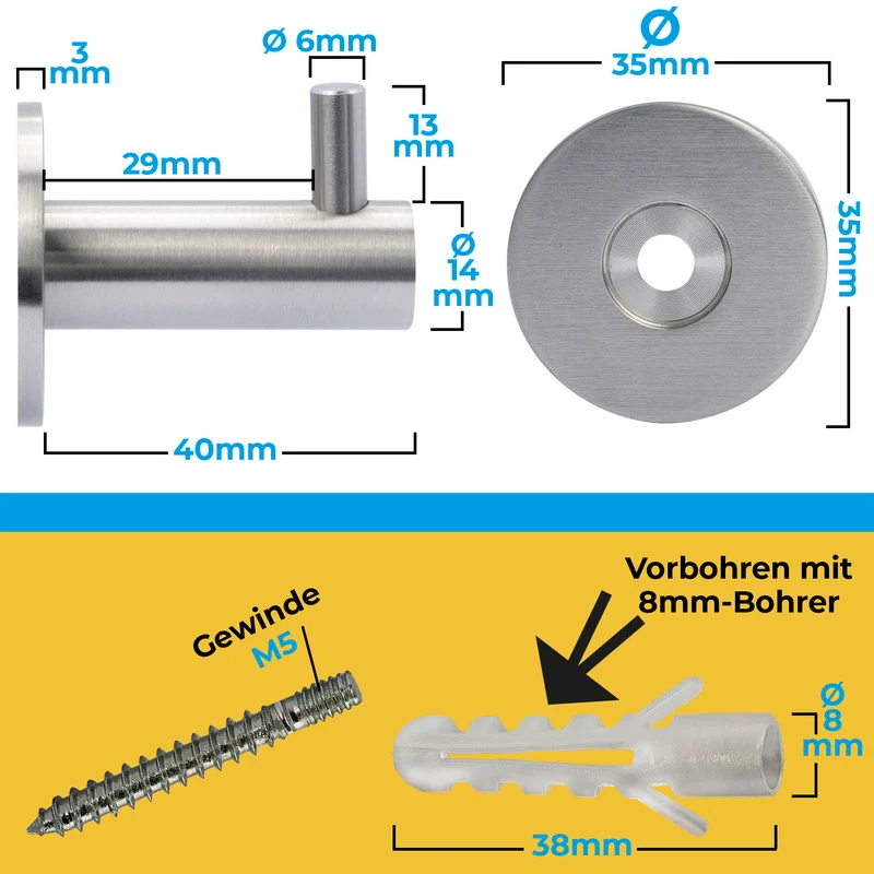 Wandhaken aus Edelstahl - Länge: 40mm