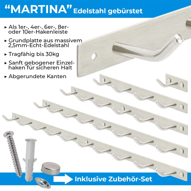 Garderobenleiste Wandhaken Edelstahl 1/4/6/8/10 Haken MARTINA