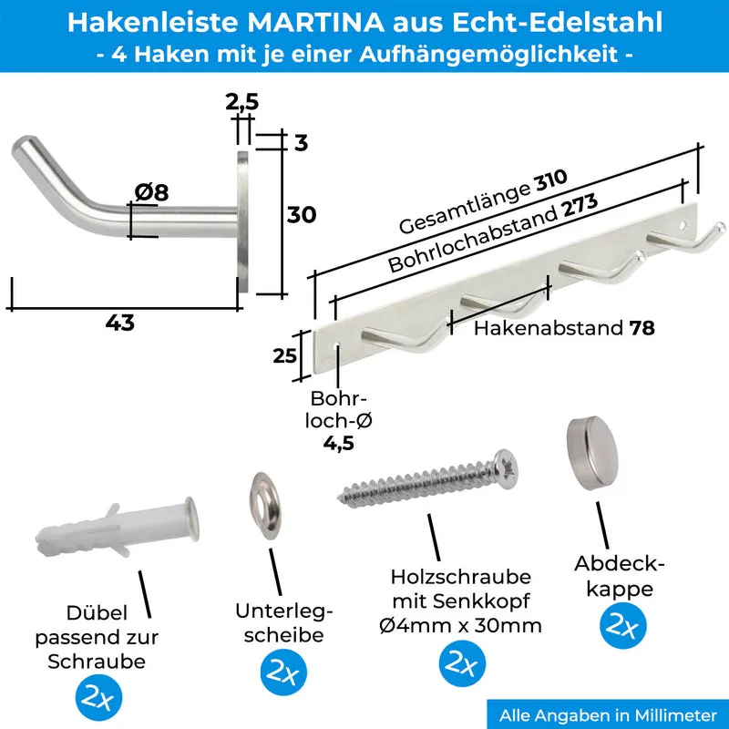 Garderobenleiste Wandhaken Edelstahl 1/4/6/8/10 Haken MARTINA