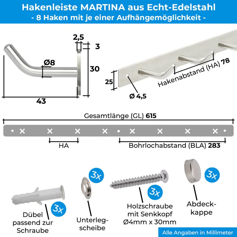 Garderobenleiste Wandhaken Edelstahl 1/4/6/8/10 Haken MARTINA
