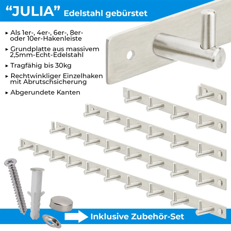 Garderobenleiste Wandhaken Edelstahl mit 1/4/6/8/10 Haken JULIA