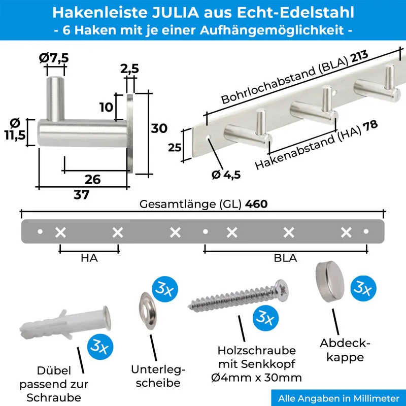 Garderobenleiste Wandhaken Edelstahl mit 1/4/6/8/10 Haken JULIA