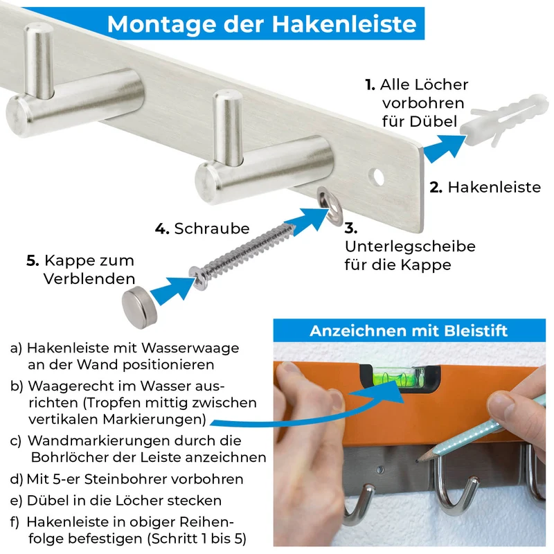 Garderobenleiste Wandhaken Edelstahl mit 1/4/6/8/10 Haken JULIA