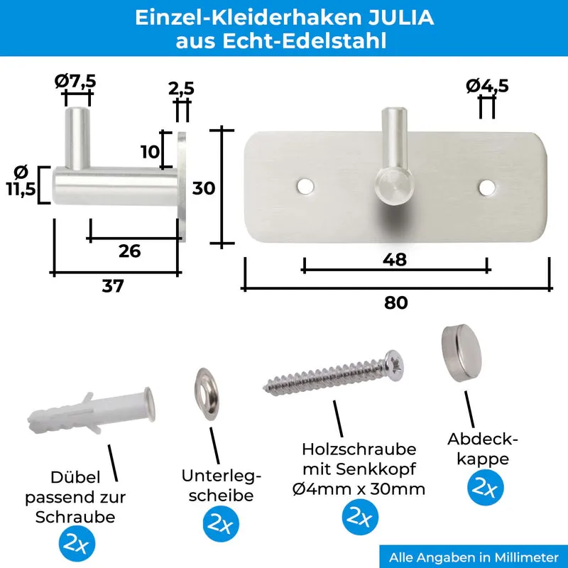 Garderobenleiste Wandhaken Edelstahl mit 1/4/6/8/10 Haken JULIA