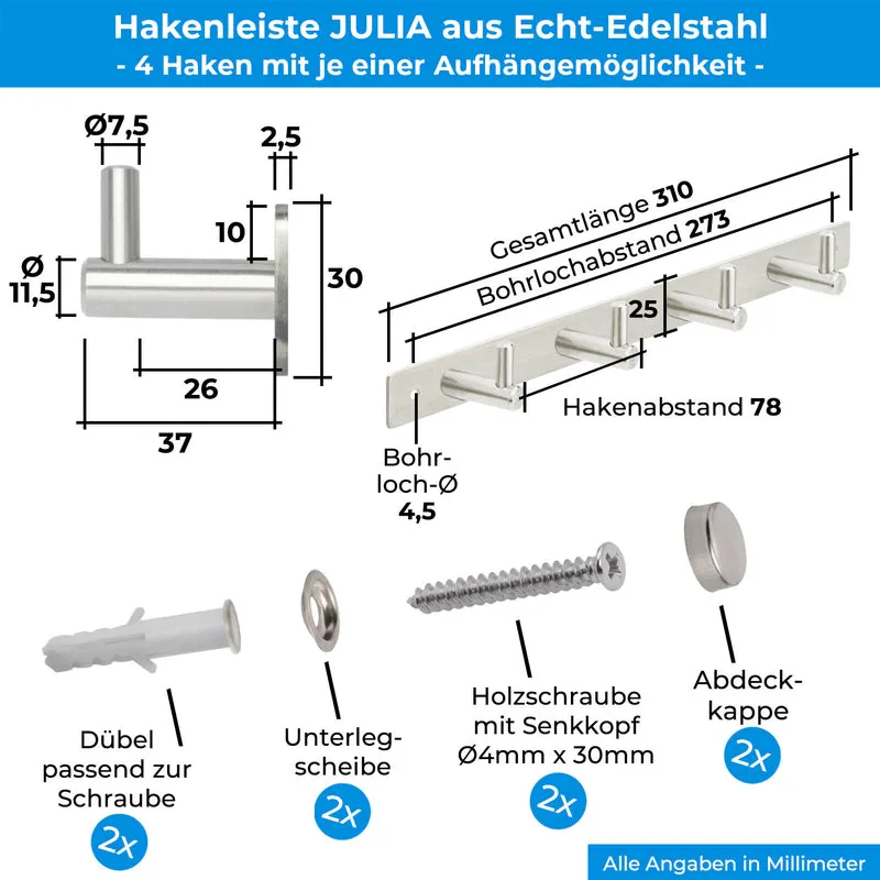 Garderobenleiste Wandhaken Edelstahl mit 1/4/6/8/10 Haken JULIA