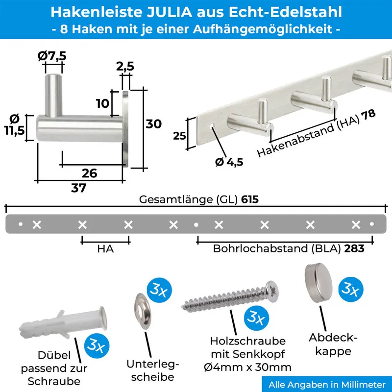 Garderobenleiste Wandhaken Edelstahl mit 1/4/6/8/10 Haken JULIA