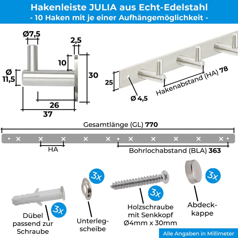 Garderobenleiste Wandhaken Edelstahl mit 1/4/6/8/10 Haken JULIA