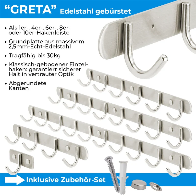 Garderobenleiste Wandhaken aus Edelstahl 1/4/6/8/10 Haken GRETA