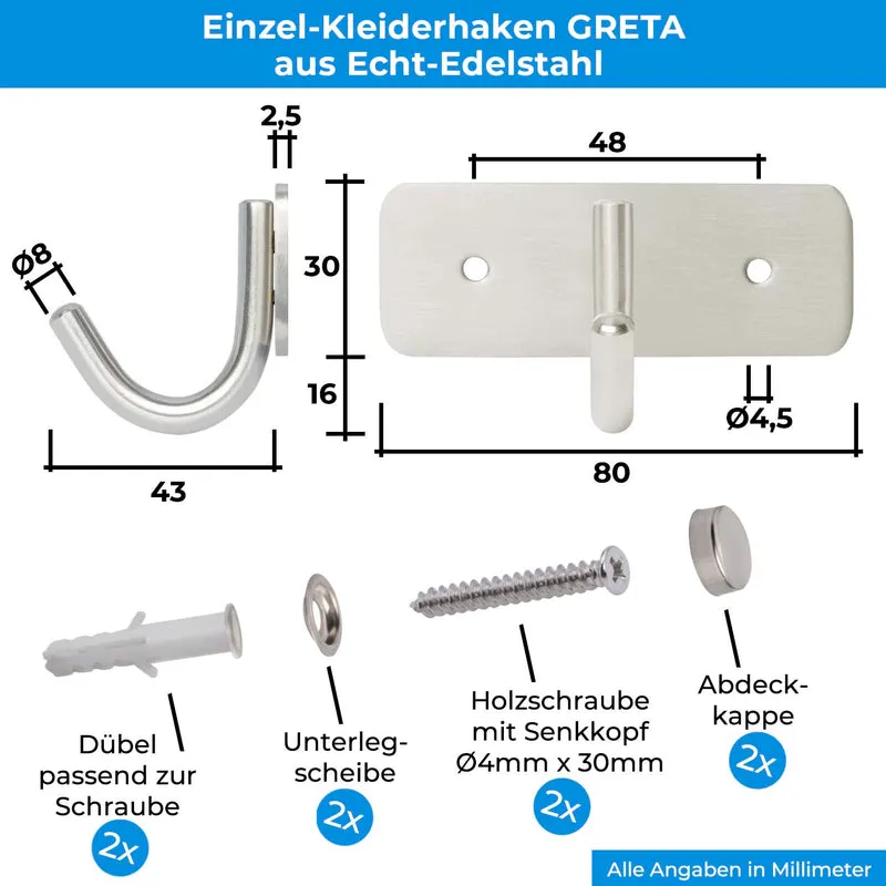 Garderobenleiste Wandhaken aus Edelstahl 1/4/6/8/10 Haken GRETA