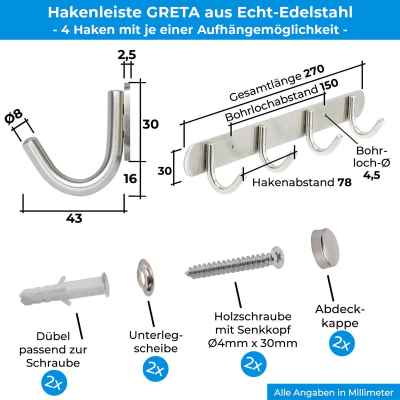 Garderobenleiste Wandhaken aus Edelstahl 1/4/6/8/10 Haken GRETA